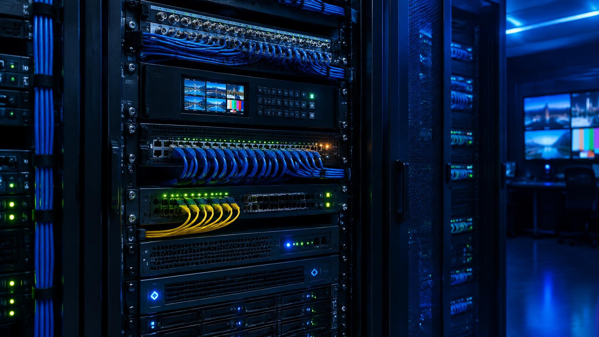 Rack of network and signal routing equipment with blue lights