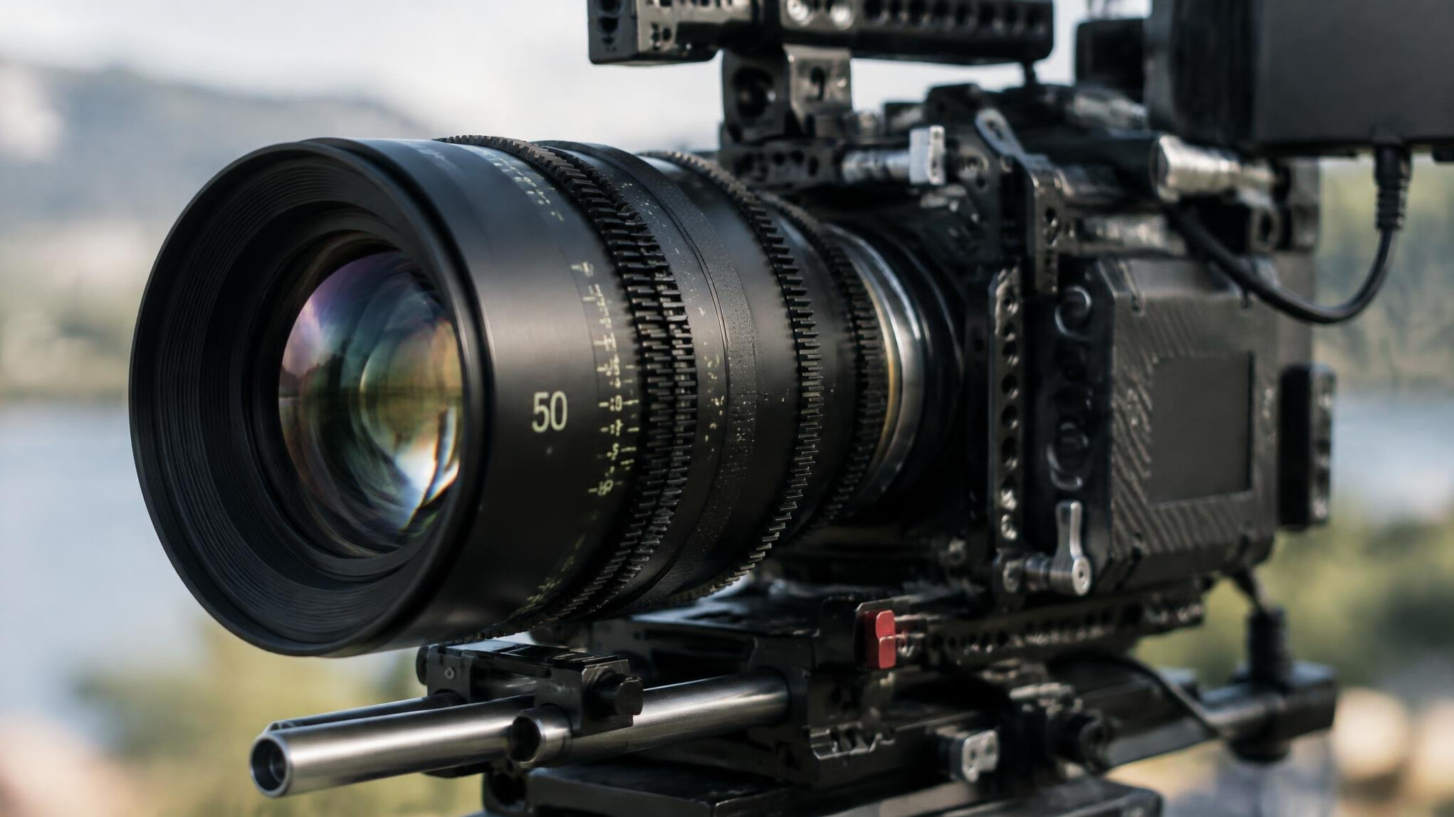Camera lens close up with professional equipment