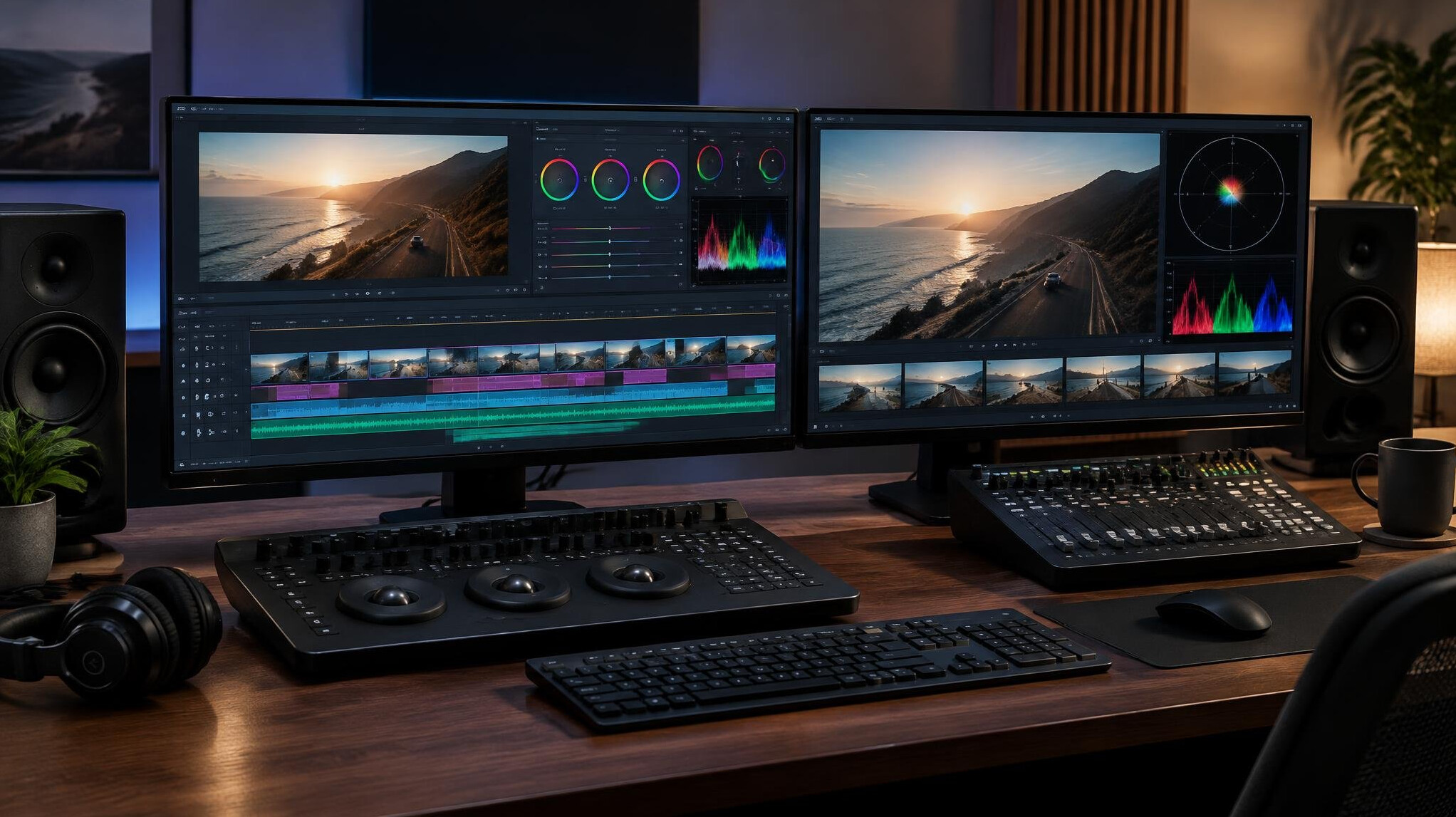 Video editing suite with multiple screens and timeline